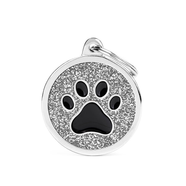 ID Tag - Shine "Big Circle Grey Glitter Black Paw" ID Tag | Personalized Cat Dog Tag