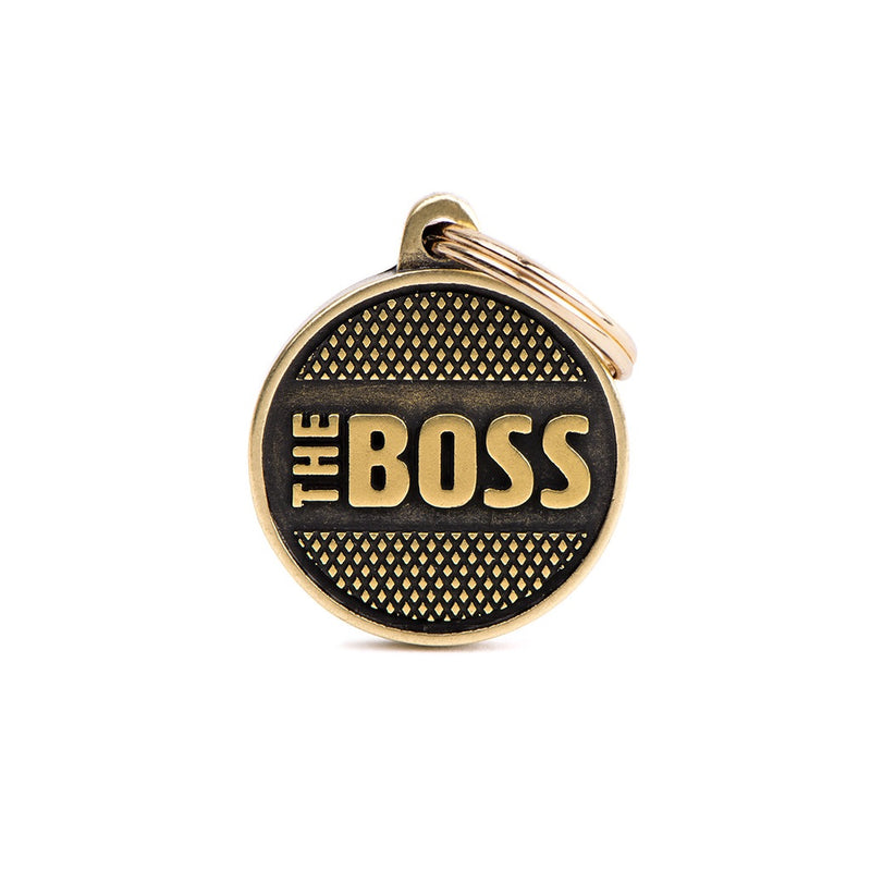 ID Tag - ID Tag Circle "The Boss" Rhombus in English Brass | Personalized Cat Dog Tag