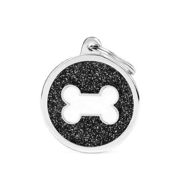 ID Tag - Shine "Big Circle Black Glitter White Bone" ID Tag | Personalized Cat Dog Tag