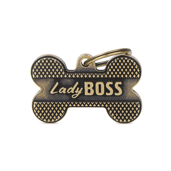 ID Tag - ID Tag Bone Bronx "Lady Boss" in English Brass | Personalized Cat Dog Tag