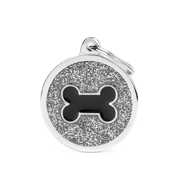 ID Tag - Shine "Big Circle Grey Glitter Black Bone" ID Tag | Personalized Cat Dog Tag