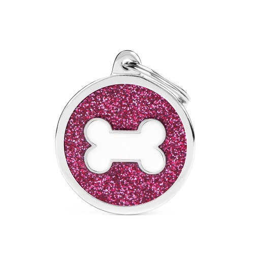ID Tag - Shine "Big Circle Pink Glitter White Bone" ID Tag | Personalized Cat Dog Tag