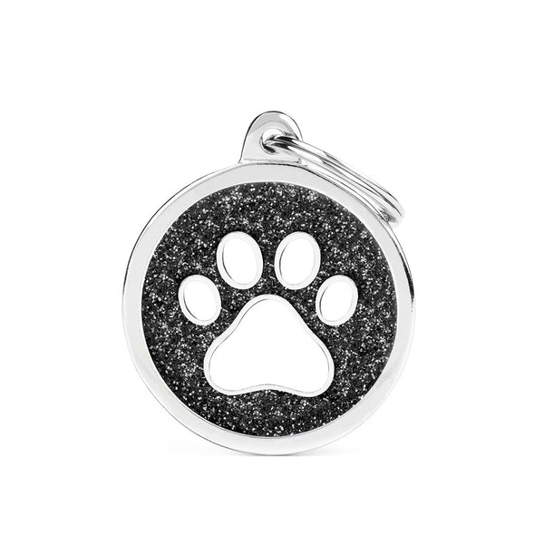 ID Tag - Shine "Big Circle Black Glitter White Paw" ID Tag | Personalized Cat Dog Tag