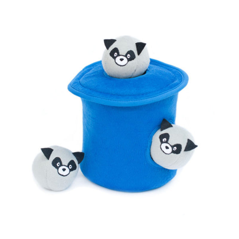 Burrow Raccoons in Trash Can with Bubble Babiez Dog Toy